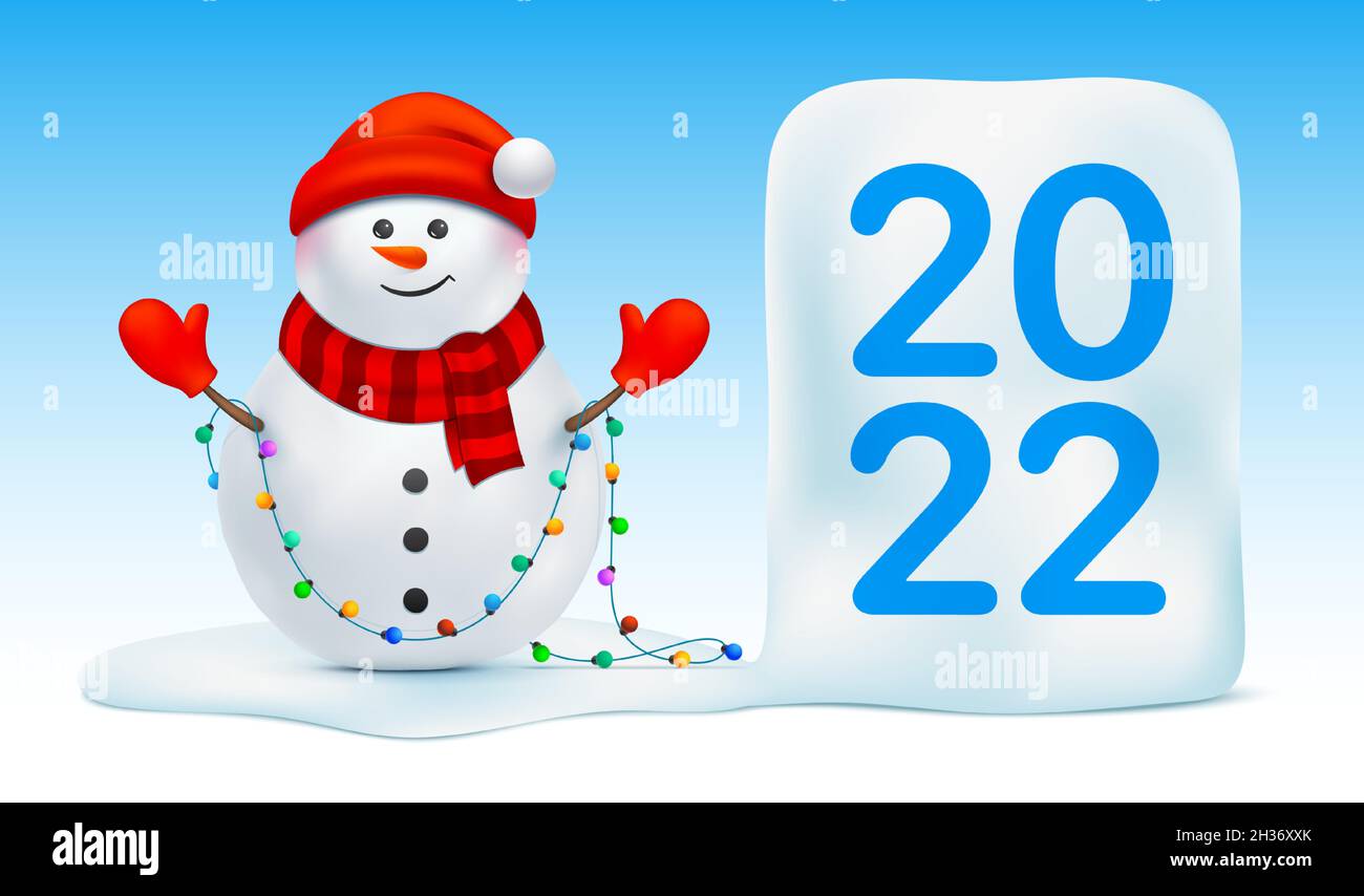 Snowman con luci di Natale in piedi sul ghiaccio con 2022 lettere. Xmas biglietto d'auguri disegno vettoriale, con uomo allegro neve. Illustrazione Vettoriale