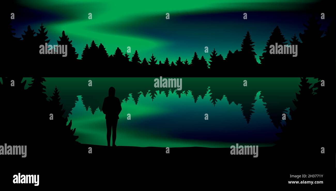 ragazza solitaria di notte con bella vista su luci polari nel cielo colorato vicino al lago Illustrazione Vettoriale