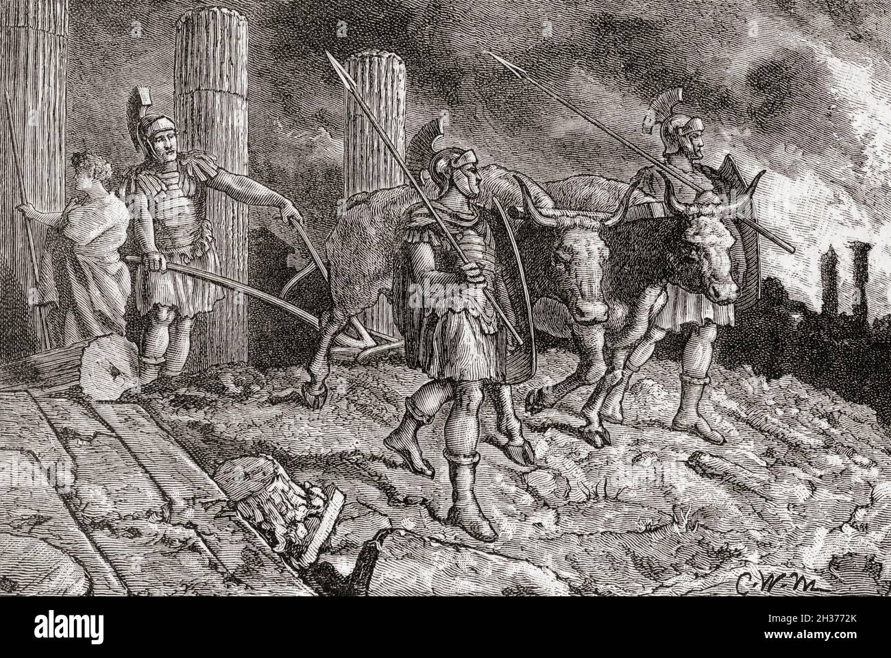 Il generale romano Scipio Aemilianus corre l'aratro sul sito di Cartagine  con sale dopo averlo sconfitto nella terza guerra punica, 146 a.C. In tempi  antichi, salare la terra, o seminare con sale,