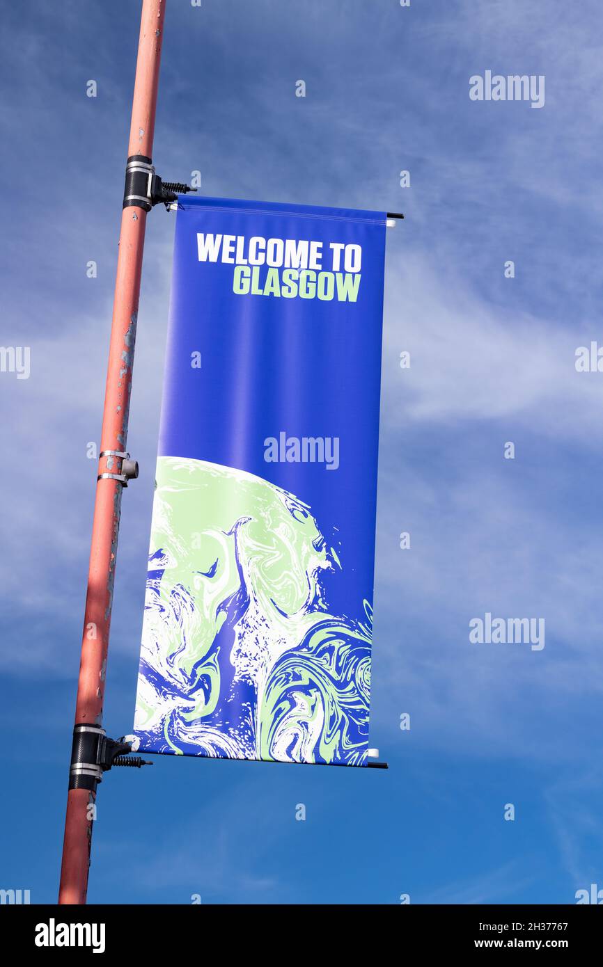 Benvenuti a Glasgow banner COP26 Glasgow Conferenza ONU sul cambiamento climatico, Scozia, Regno Unito Foto Stock