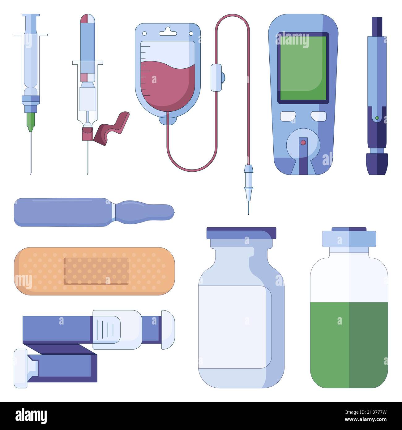 Set di icone mediche della pompa da vuoto per il campionamento del sangue, ampolle e spritz in uno stile piatto isolato su sfondo bianco. Illustrazione Vettoriale