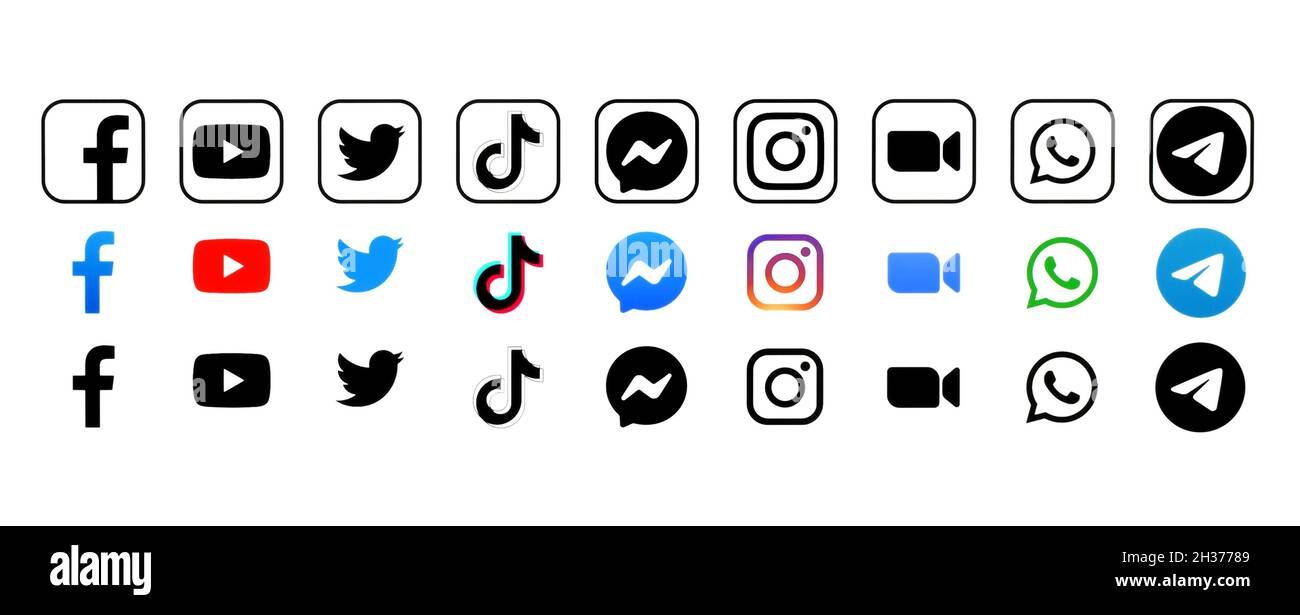 Kiev, Ucraina - 27 settembre 2021: Set di icone e simboli popolari in nero e a colori: Facebook, Instagram, Twitter, YouTube, WhatsApp, e altri, pr Foto Stock