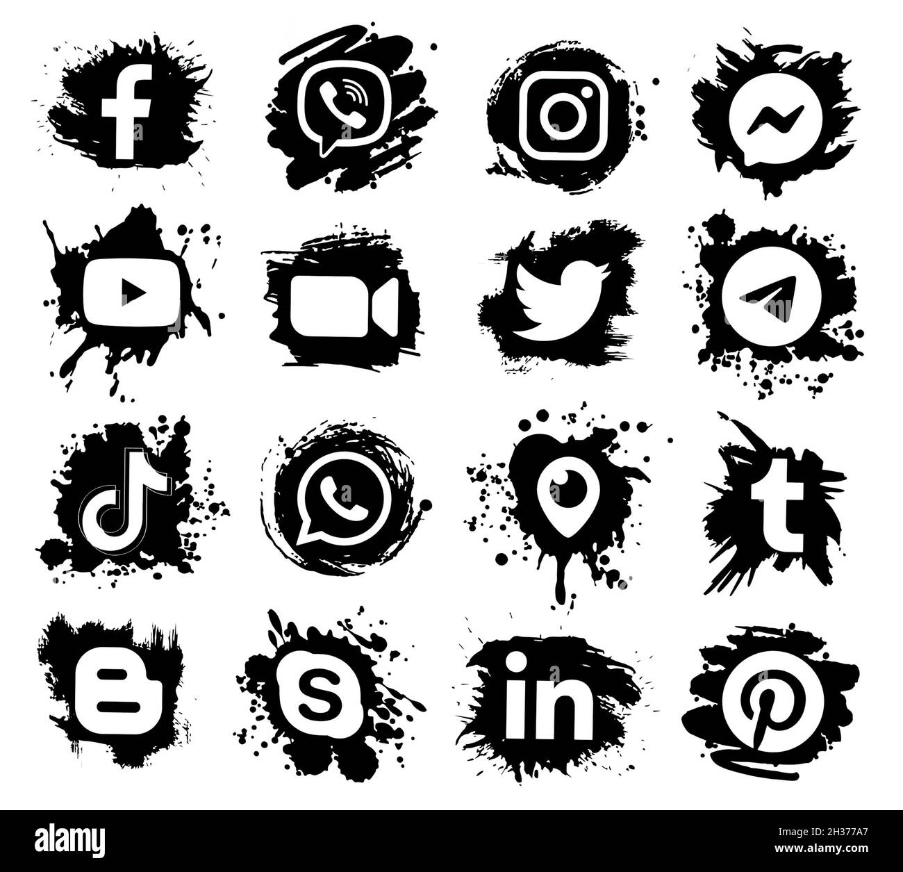 Kiev, Ucraina - 27 settembre 2021: Popolare social media black drops icone, stampato su carta: Facebook, Twitter, Instagram, LinkedIn, YouTube, e altri Foto Stock