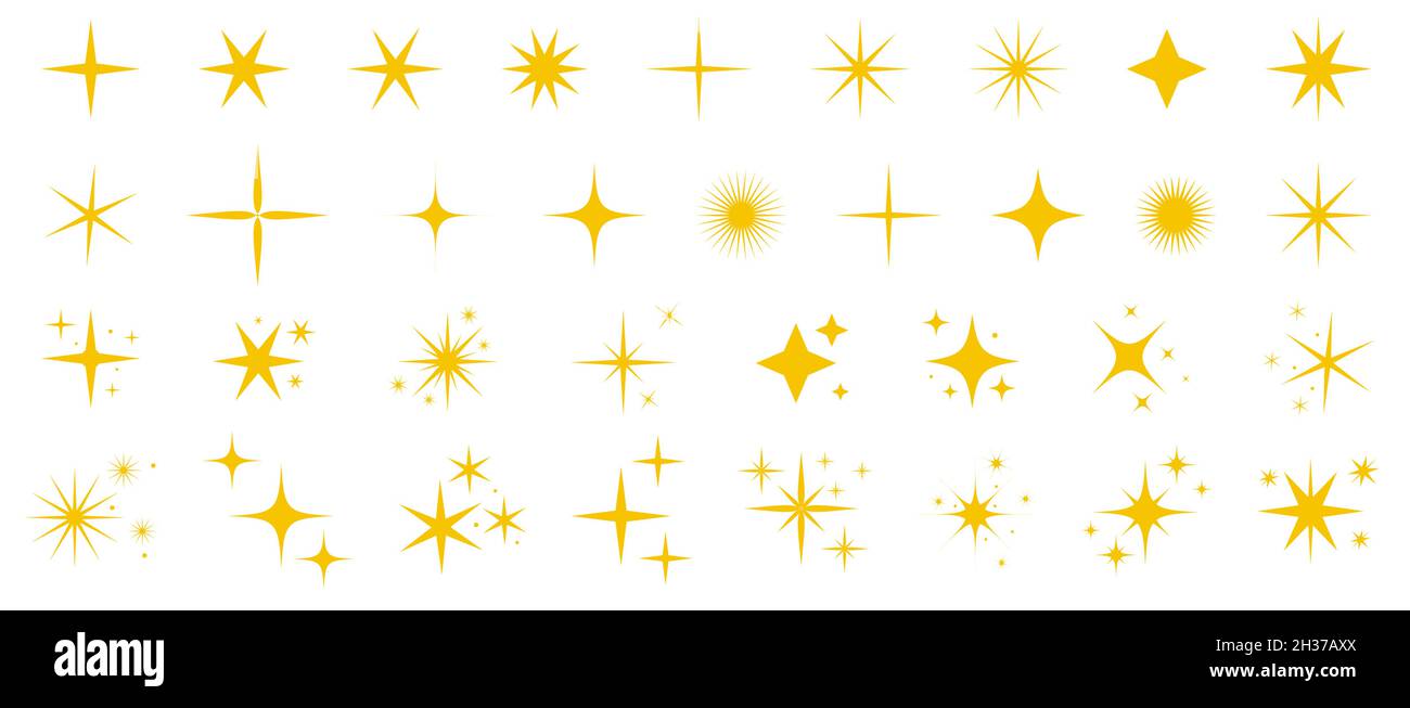 Set di icone gialle e gold star. Fuochi d'artificio luminosi, decorazione scintillante, lampo lucido. Raccolta di stelle e raffiche luminose Illustrazione Vettoriale