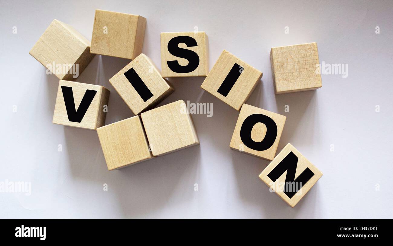 VISIONE, parola su cubi di legno e sfondo bianco. Foto Stock