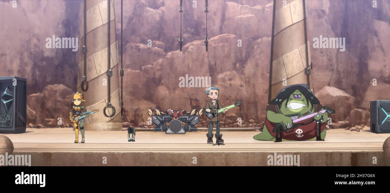 (L-R): K-344 (voce di Masayo Fujita in giapponese e Shelby Young nel Dub inglese), LAN (voce di Anri Katsu in giapponese e Marc Thompson nel Dub inglese), Jay (voce di Hiroyuki Yoshino in giapponese e Joseph Gordon-Levitt nel Dub inglese) e Geezer (Voce di Kousuke Goto in giapponese e di Bobby Moynihan nel Dub inglese) in una scena da 'STAR WARS: VISIONS" Short, "TATOOINE RHAPSODY" Photo credit: Lucasfilm Ltd / The Hollywood Archive Foto Stock