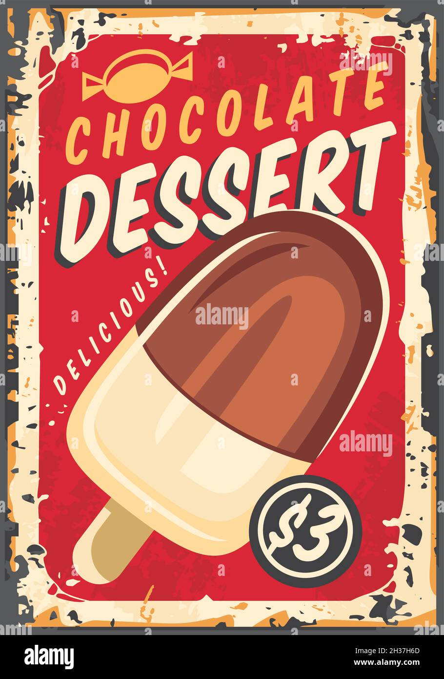 Gelato al cioccolato sul bastone vintage poster retrò segno su vecchio sfondo di metallo. Cartello pubblicitario antico con gustoso dessert. Immagine vettoriale degli alimenti. Illustrazione Vettoriale