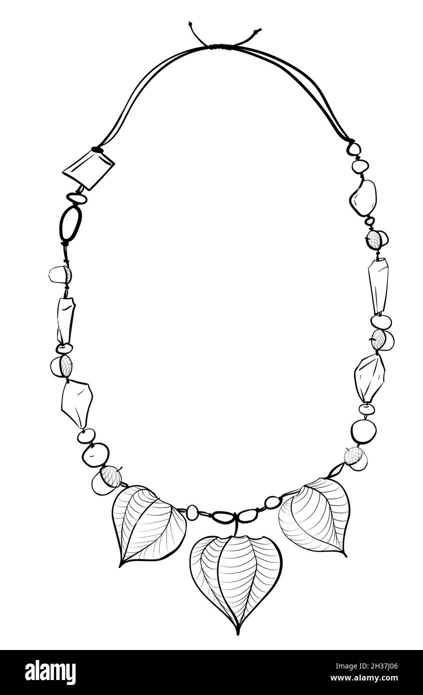 Collana cornice autunnale decorata con ghiande, pietre e physalis. Illustrazione vettoriale monocromatica a linea nera isolata su bianco. Illustrazione Vettoriale