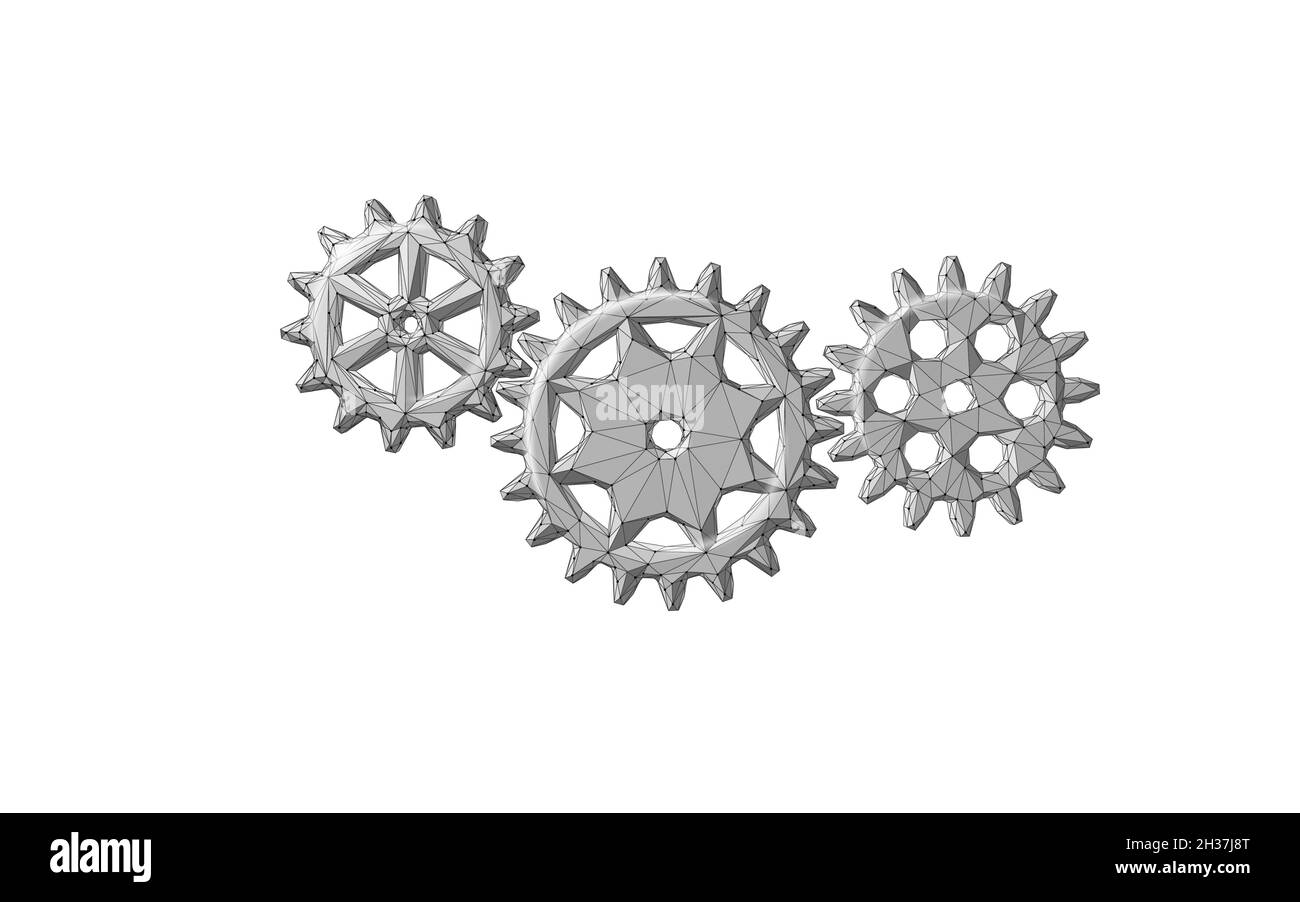 3D Gears Work Progress Concept. Lavoro di squadra per l'ingegneria dei meccanismi dell'industria delle ruote. Analisi dei dati del motore aziendale COG. Vettore di coaching problema creativo Illustrazione Vettoriale