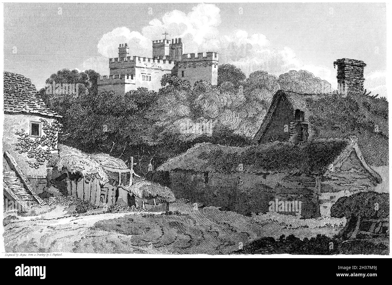 Un'incisione di Hertford Castle, Hertfordshire UK scansionata ad alta risoluzione da un libro stampato nel 1812. Creduto libero di copyright. Foto Stock