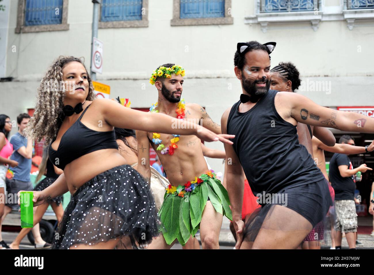 Brasile – 22 febbraio 2020: I festaioli in costume si divertono nel Carnevale ballando e divertendosi durante una sfilata di strada che si tiene nel centro di Rio de Janeiro Foto Stock