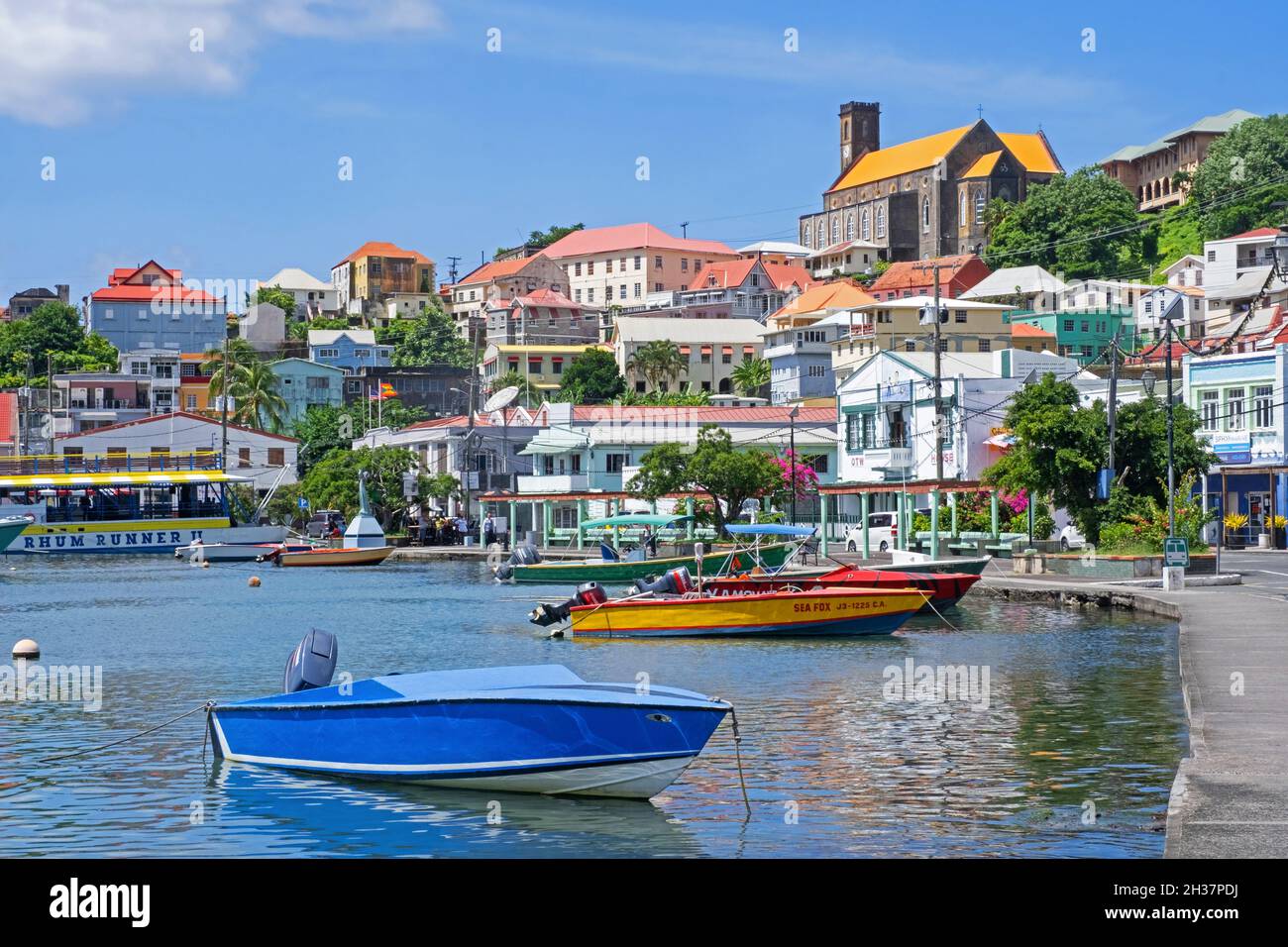 Lungomare e Cattedrale cattolica romana della capitale San Giorgio sulla costa occidentale dell'isola di Grenada nel Mar dei Caraibi Foto Stock