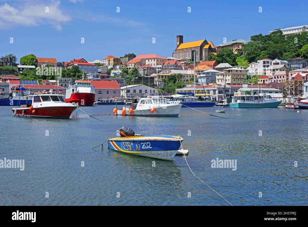 Lungomare e Cattedrale cattolica romana della capitale San Giorgio sulla costa occidentale dell'isola di Grenada nel Mar dei Caraibi Foto Stock