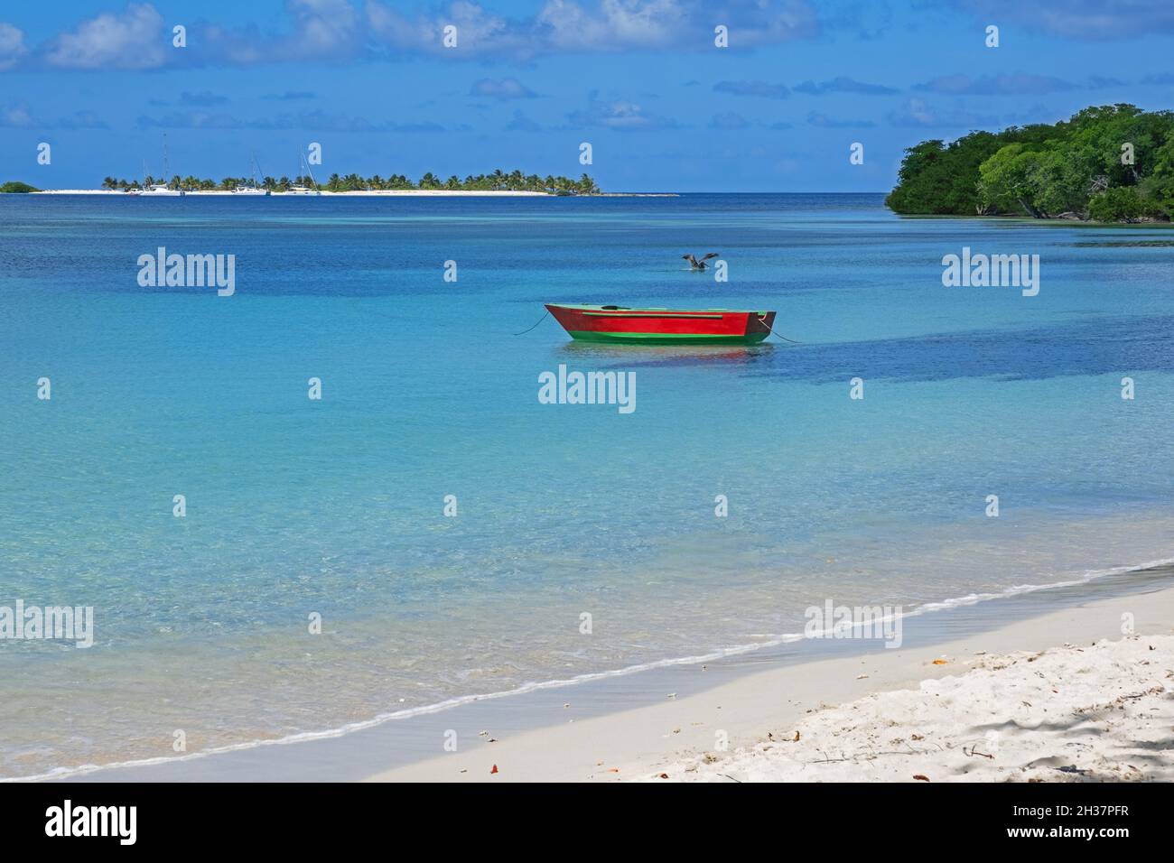 Barca a remi rossa / barca a remi e vista su Sandy Island da Paradise Beach a Carriacou, isola delle Isole Grenadine, Grenada nel Mar dei Caraibi Foto Stock