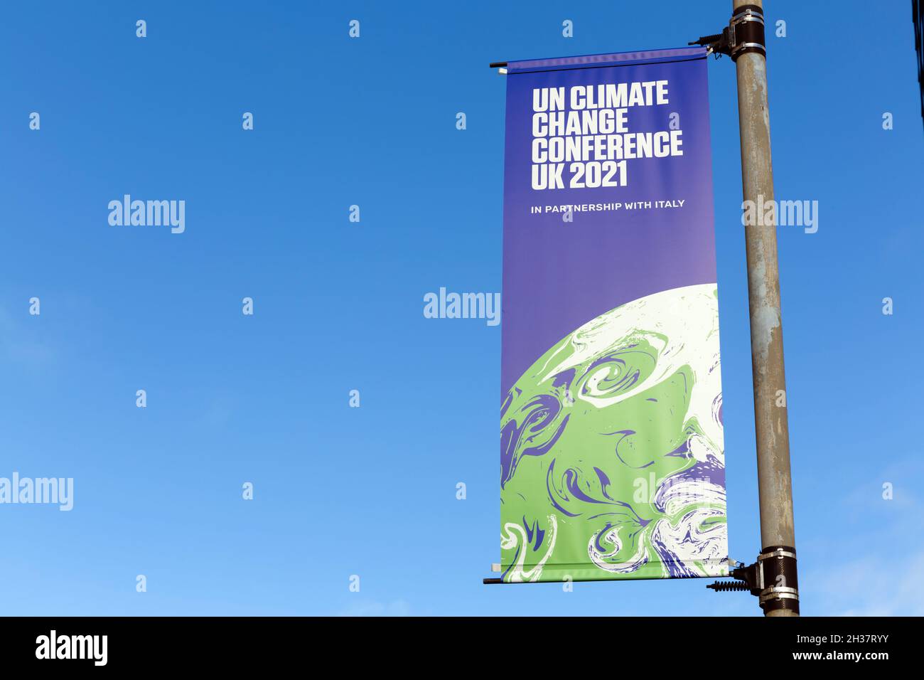 COP 26, United Nations Climate Change Conference UK 2021 banner, Glasgow, Scozia, Regno Unito Foto Stock