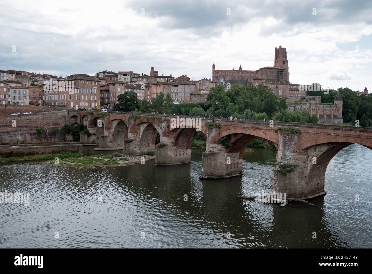 Vista di Albi, bella città francese con Sainte-Cecile cattedrale e vecchio ponte sul fiume Tarn. Città come destinazione di viaggio nel dipartimento del Tarn, Occitani Foto Stock