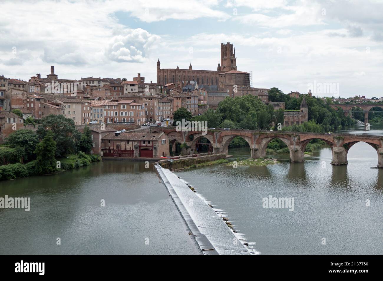 Vista di Albi, bella città francese con Sainte-Cecile cattedrale e vecchio ponte sul fiume Tarn. Città come destinazione di viaggio nel dipartimento del Tarn, Occitani Foto Stock