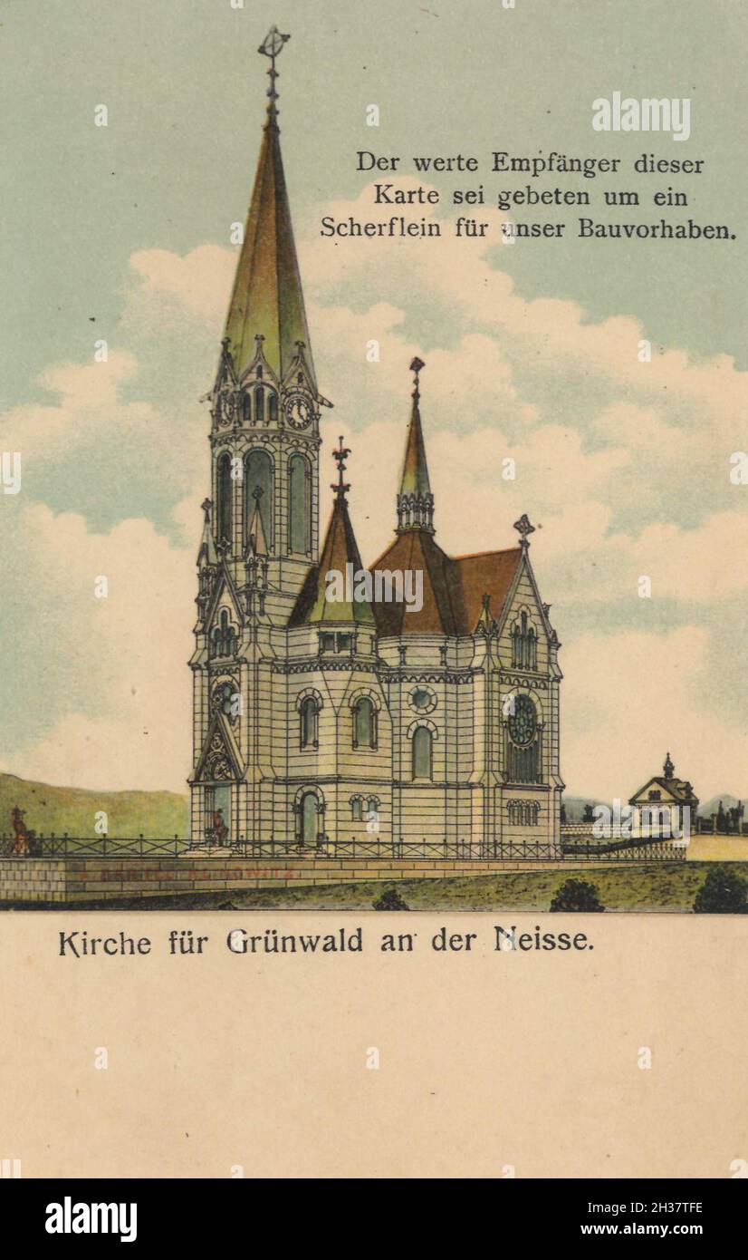 Kirche für Grünwald an der Neisse, Deutschland, Mseno nad Nisou ist heute ein Ortsteil der Stadt Jablonec nad Nisou in Tschechchehien, Ansicht von ca 1910, digitale Reproduktion einer gemeinfreien Postkarte Foto Stock