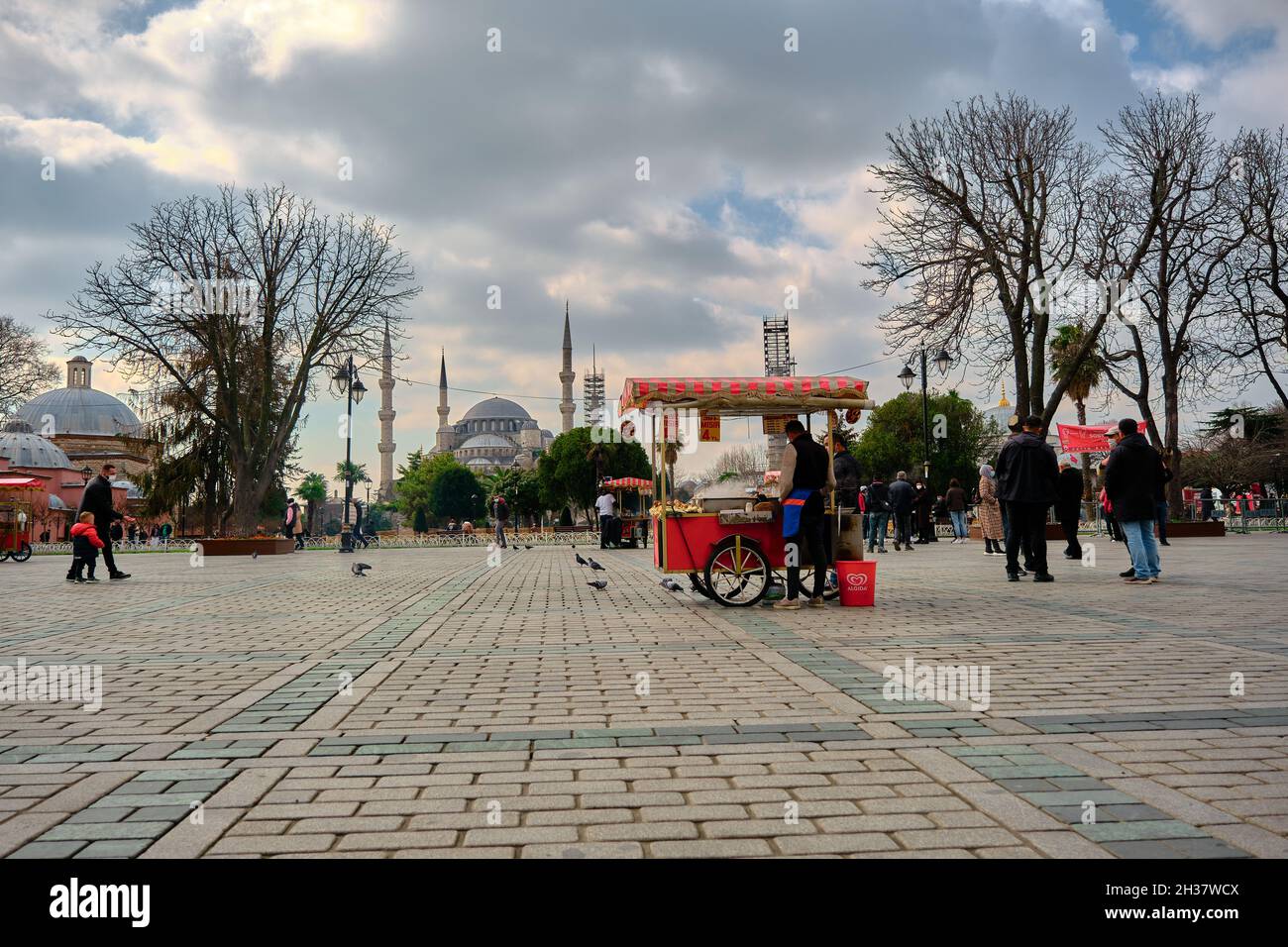 Un venditore di strada vendette castagne e mais di fronte alla moschea di Hagia sophia in piazza sultanahmet Foto Stock