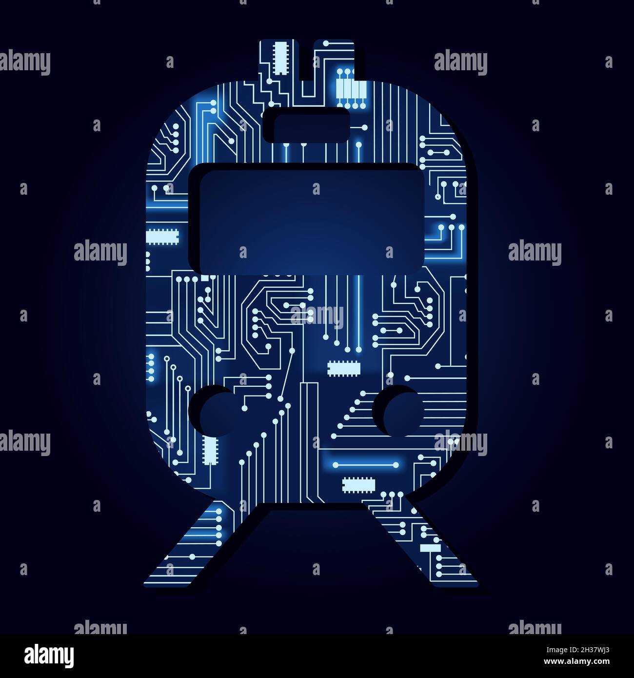 Simbolo del treno con un circuito elettronico tecnologico. Sfondo blu. Illustrazione Vettoriale