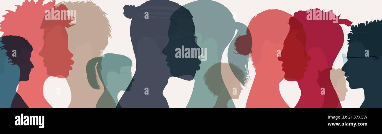 Profilo gruppo silhouette studenti universitari multiculturali. Concetto di formazione e apprendimento in aula o online. Illustrazione Vettoriale