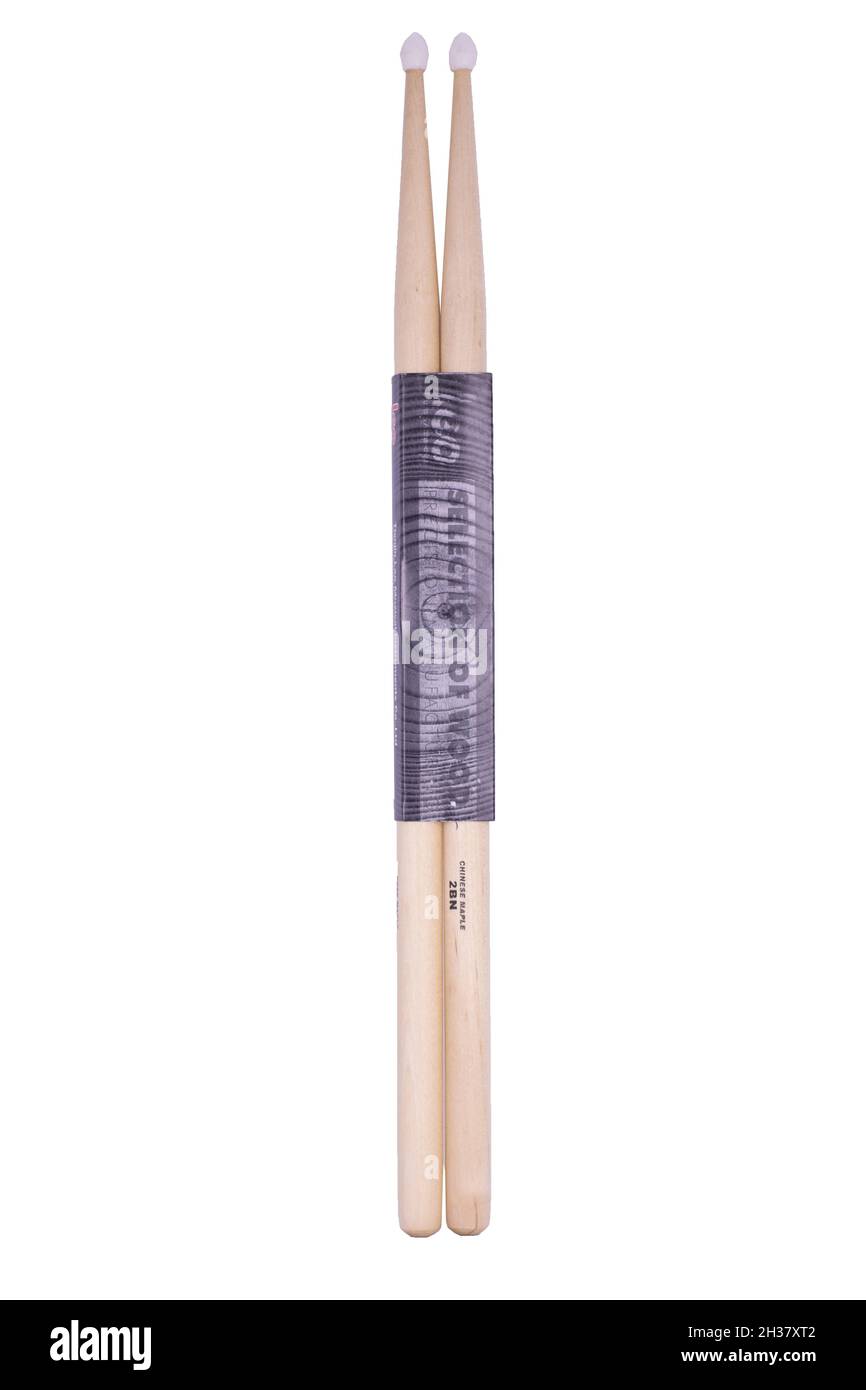 nuovi picchetti di batteria su sfondo bianco. Foto Stock