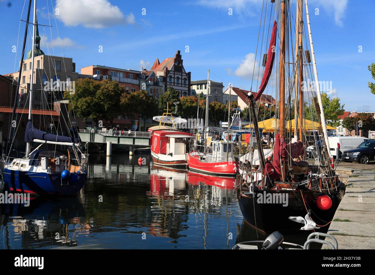 Barche a vela nel porto, città anseatica Stralsund, Meclemburgo Pomerania occidentale, Germania, Europa Foto Stock