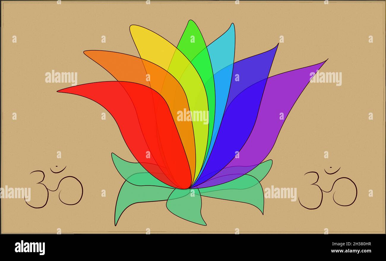 Fiore di loto in colori arcobaleno con sfondo dorato. Ad entrambi i lati del fiore sono i simboli di om indiani Illustrazione Vettoriale