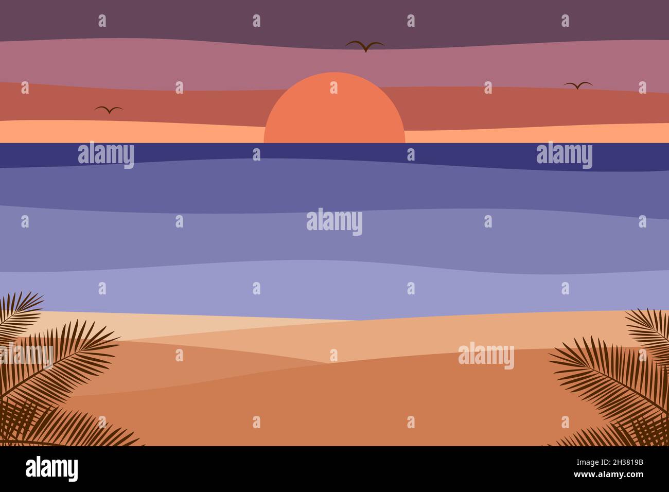 Vettore con un disegno di una spiaggia al tramonto, con il mare sullo sfondo, con nuvole, uccelli, palme e sabbia Illustrazione Vettoriale