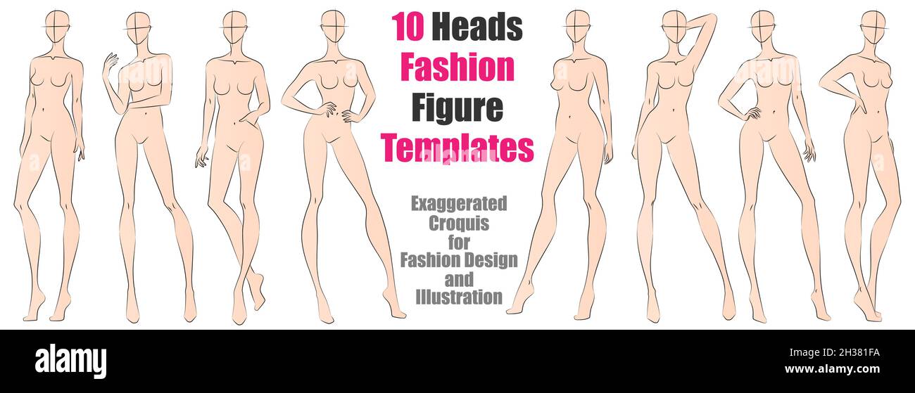 10 modelli di figure di moda con testine. Croquis esagerato per il disegno di modo e l'illustrazione. Illustrazione vettoriale Illustrazione Vettoriale