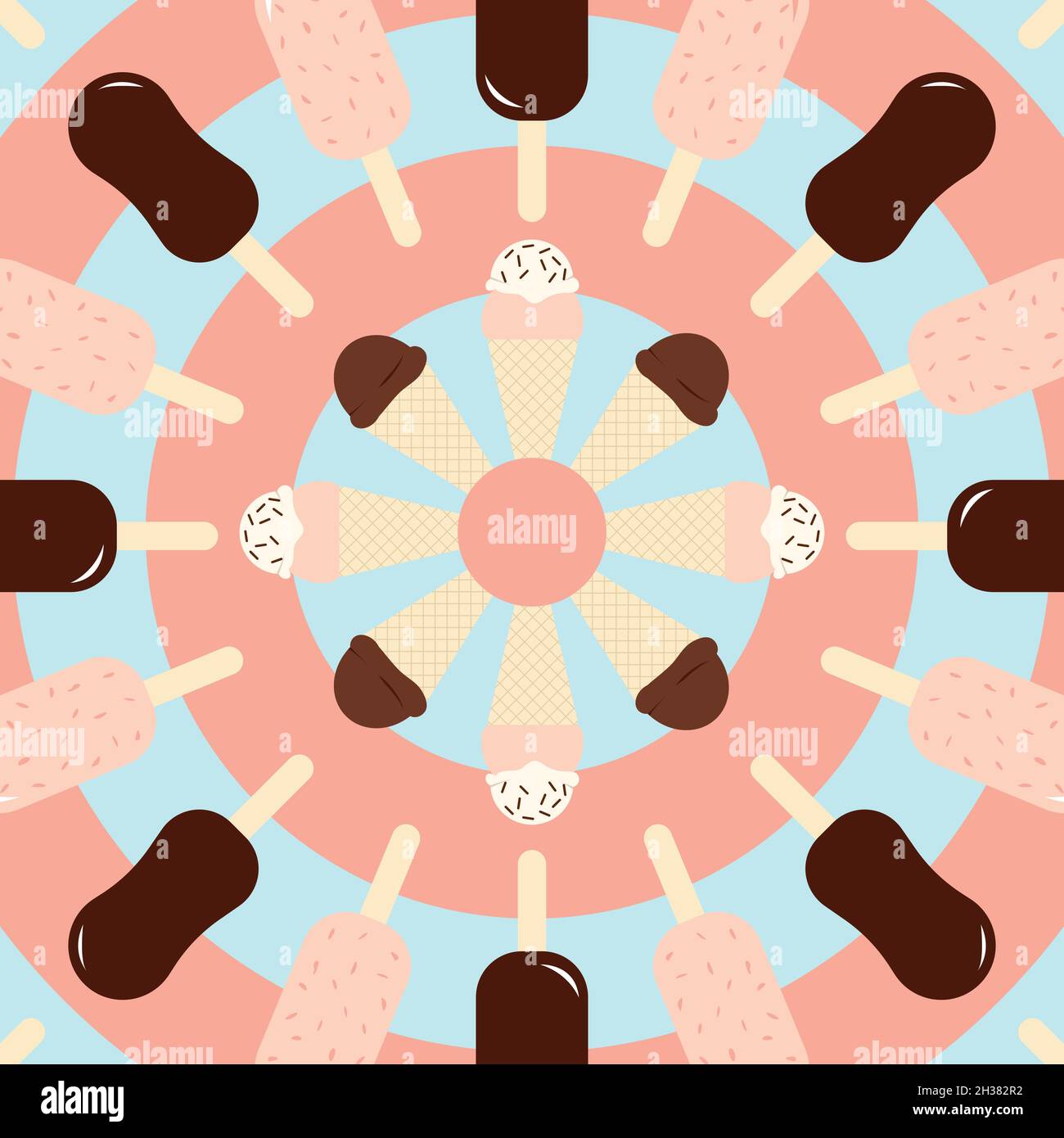 Vettore con un set di dolci gelati al cioccolato e alla vaniglia a forma di cerchio con fondo blu e rosa Illustrazione Vettoriale