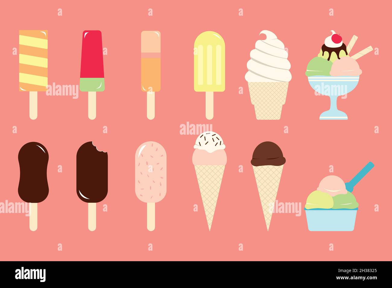Set di 12 vettori con diversi gelati dolci isolati con sfondo rosa. Illustrazione Vettoriale