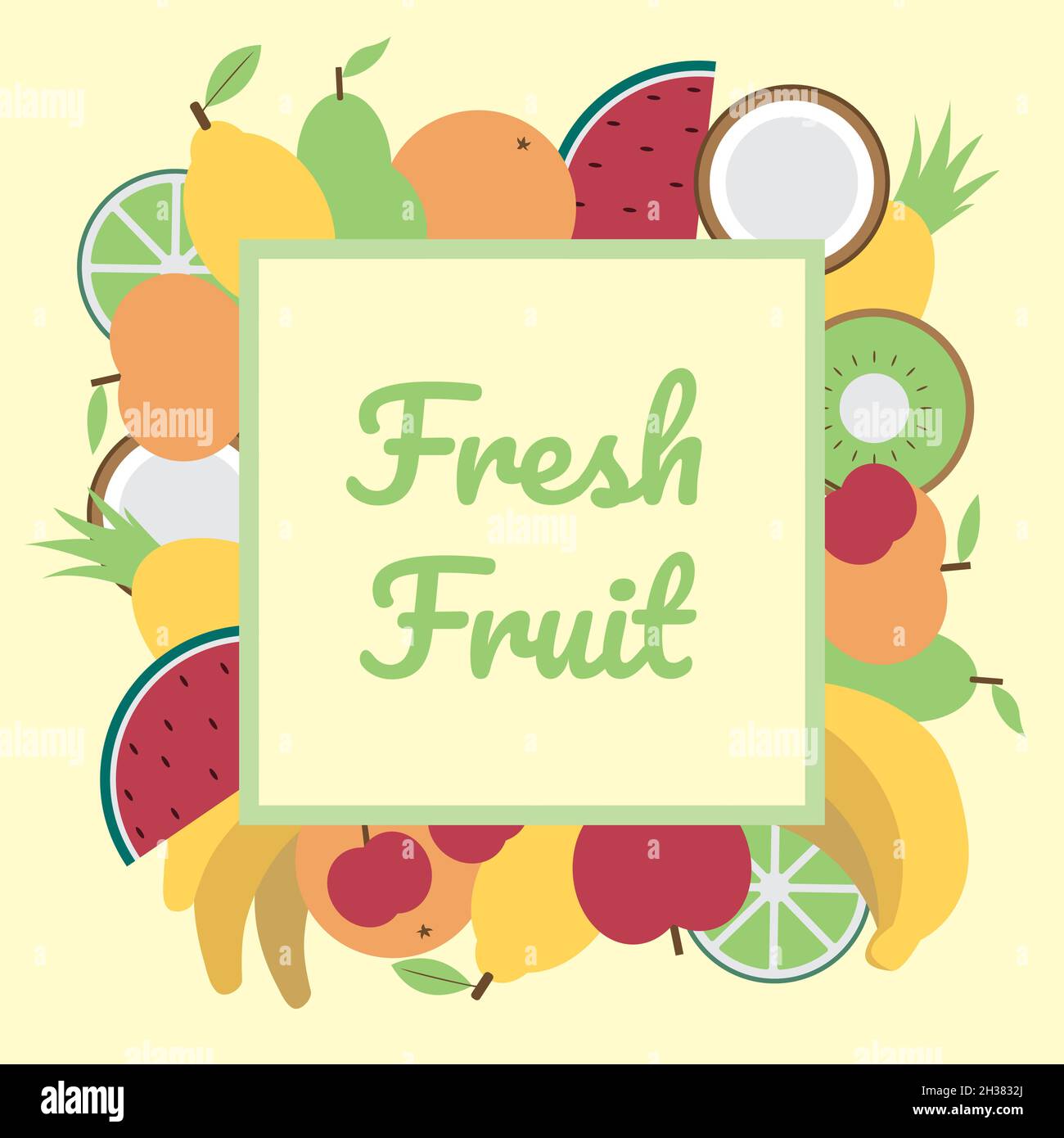 Set di vettori progettati con tutti i tipi di frutta con colori vivaci e colorati e con un quadrato sulla parte superiore per inserire il testo Illustrazione Vettoriale