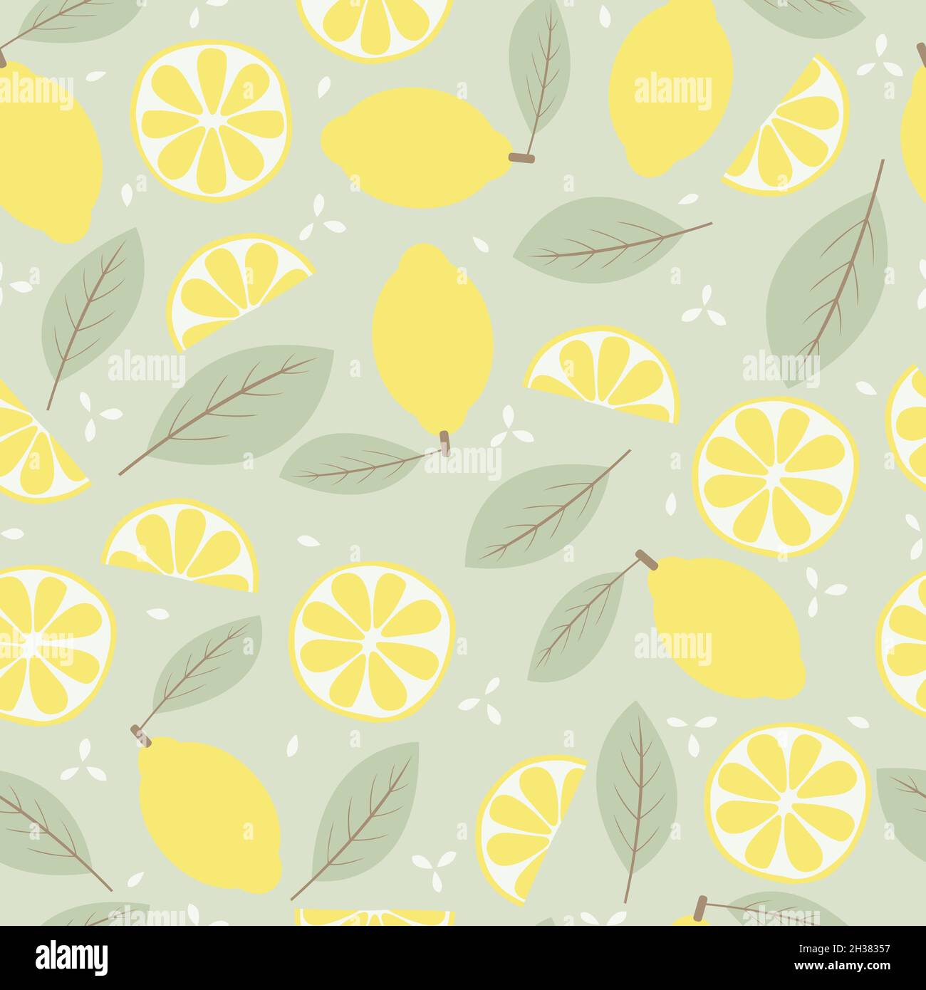 Pattern vettoriale senza cuciture con tutti i limoni gialli naturali, con foglie verdi e pezzi di ​​lemon tagliati con fondo verde chiaro Illustrazione Vettoriale