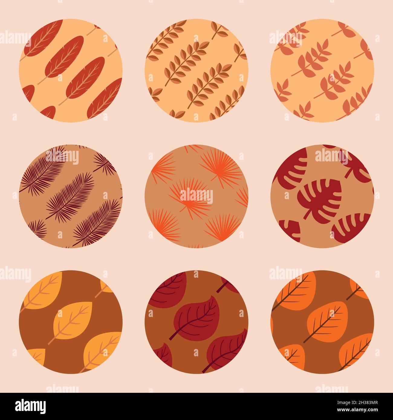Set di icone di 9 cerchi con foglie tropicali diverse per siti web o icone di social media Illustrazione Vettoriale