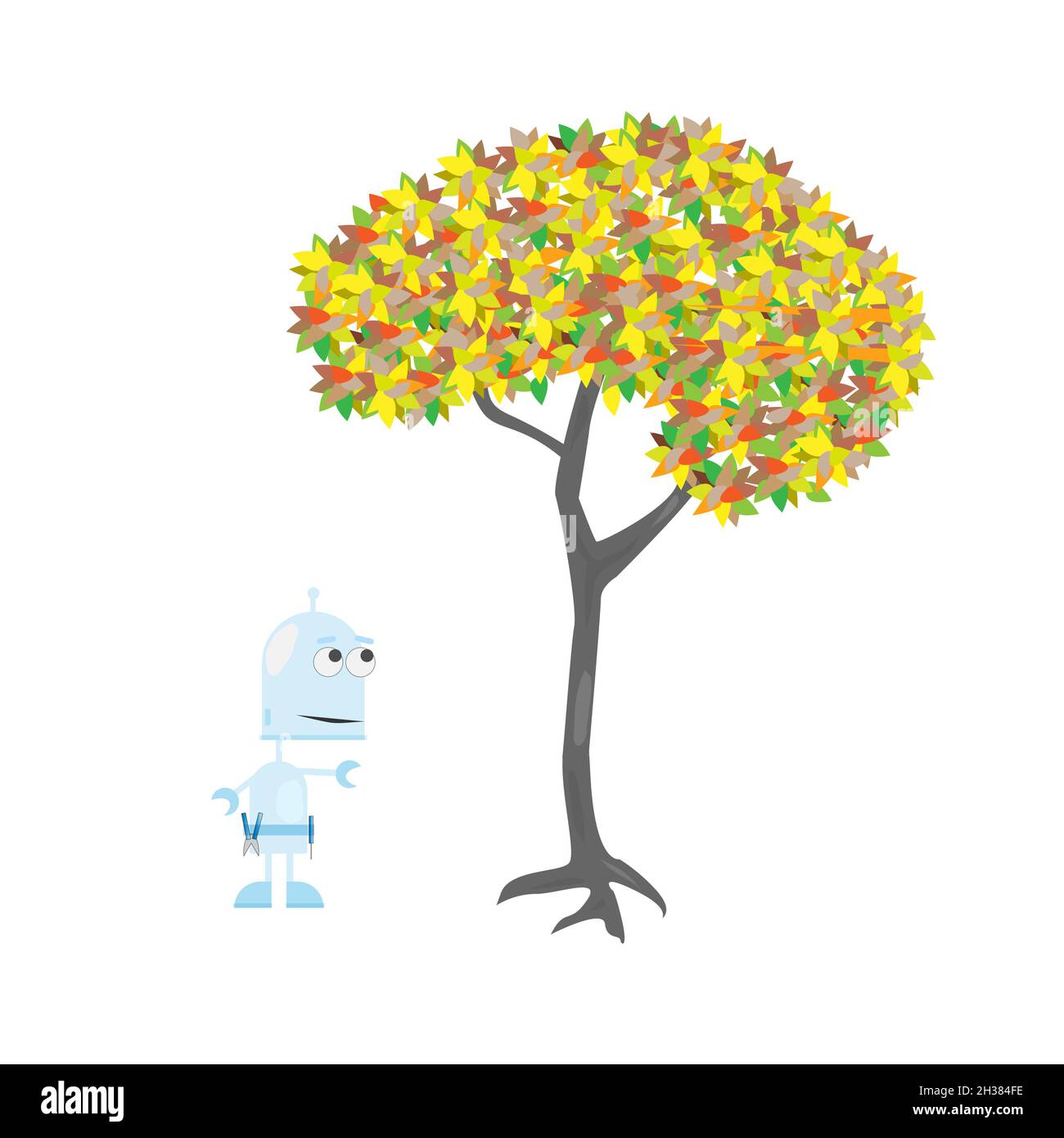 Illustrazione vettoriale. Robot. Il robot guarda l'albero. Colori vivaci e colorati. Interazione della natura e delle tecnologie Illustrazione Vettoriale