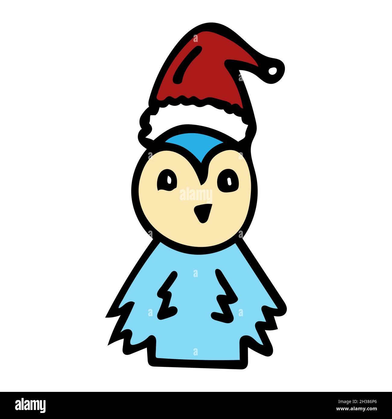 Pinguino blu in un cappello rosso di Capodanno in stile cartone animato. Illustrazione Vettoriale
