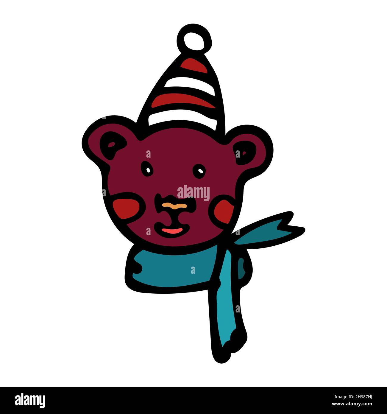 Allegro orso bruno con un sorriso di fiamola in un cappello rosso e bianco e una sciarpa verde in stile cartone animato. Illustrazione Vettoriale