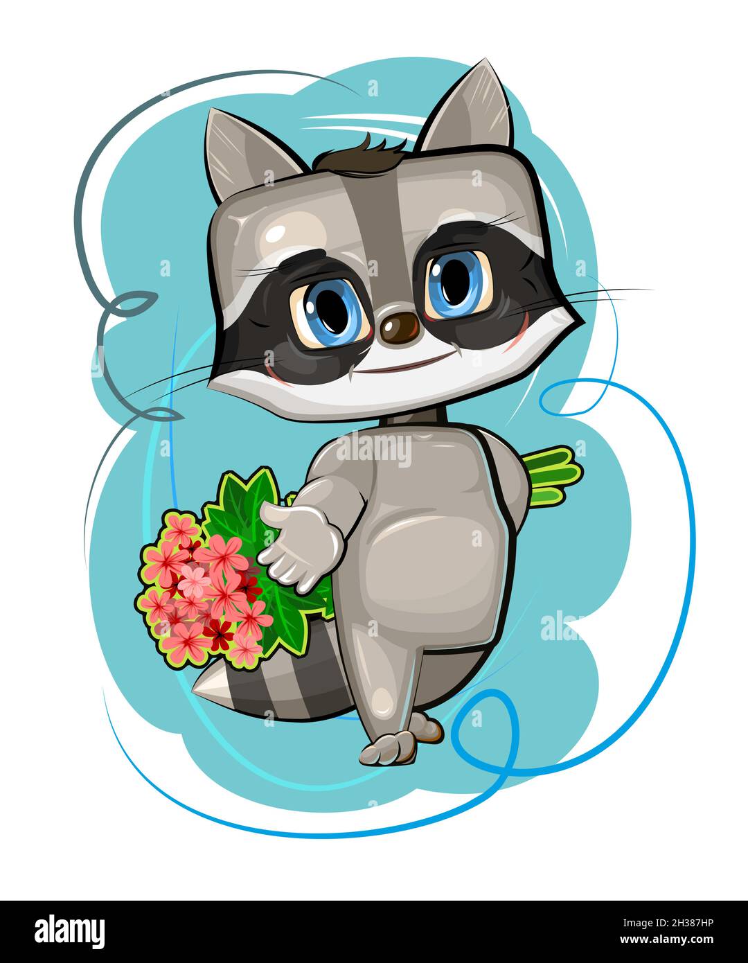 Carino Raccoon ragazzo allunga la sua mano suggerire amicizia. Vuole dare un bouquet di fiori. Animale divertente. Illustrazione per i bambini. Isolato Illustrazione Vettoriale