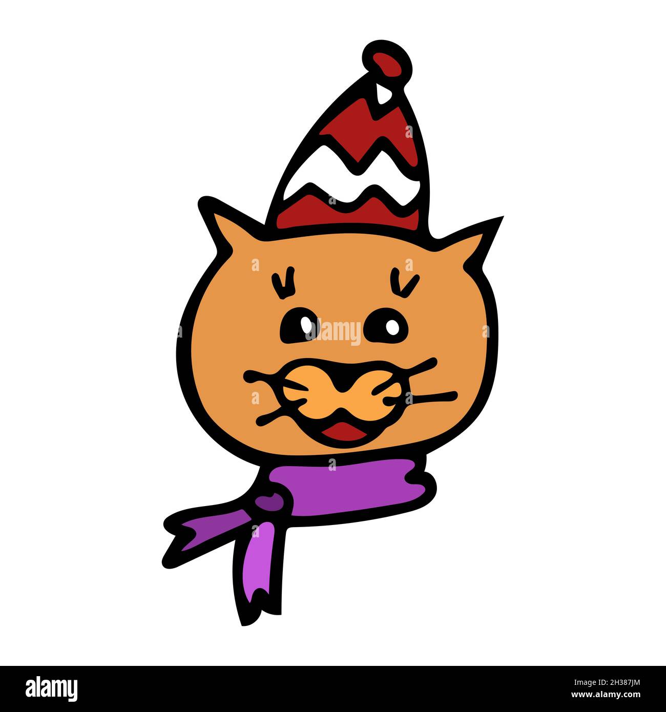 Un allegro gatto rosso sorride in un cappello rosso e bianco e una sciarpa viola nello stile di un cartone animato. Illustrazione Vettoriale
