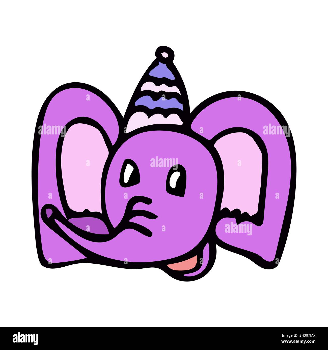 Un allegro elefante rosa sorride in un cappello viola nello stile di un cartone animato. Illustrazione Vettoriale