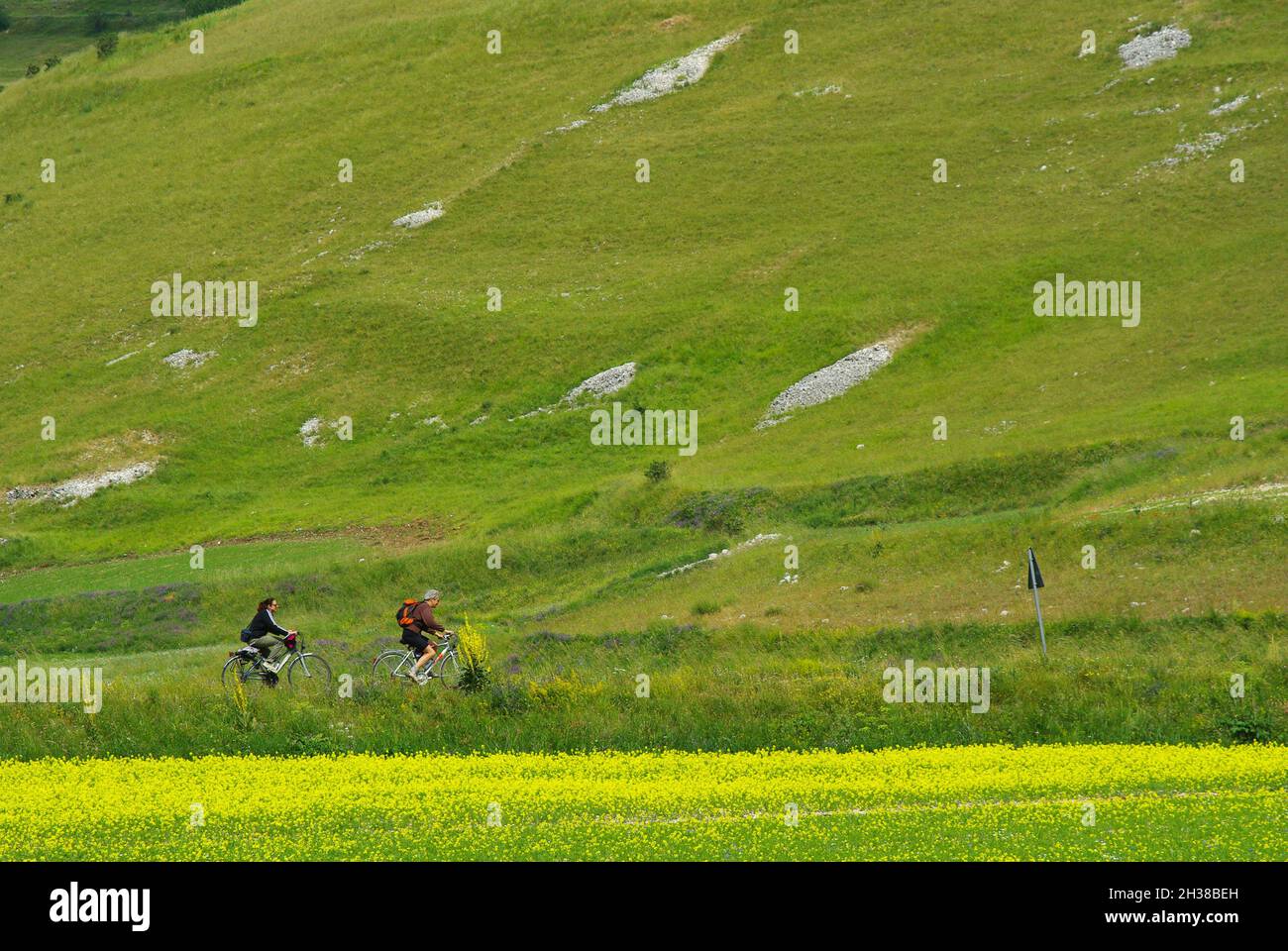 Castelluccio di Norcia - Umbria - Escursioni in mountain bike tra i fiori della campagna incontaminata Foto Stock