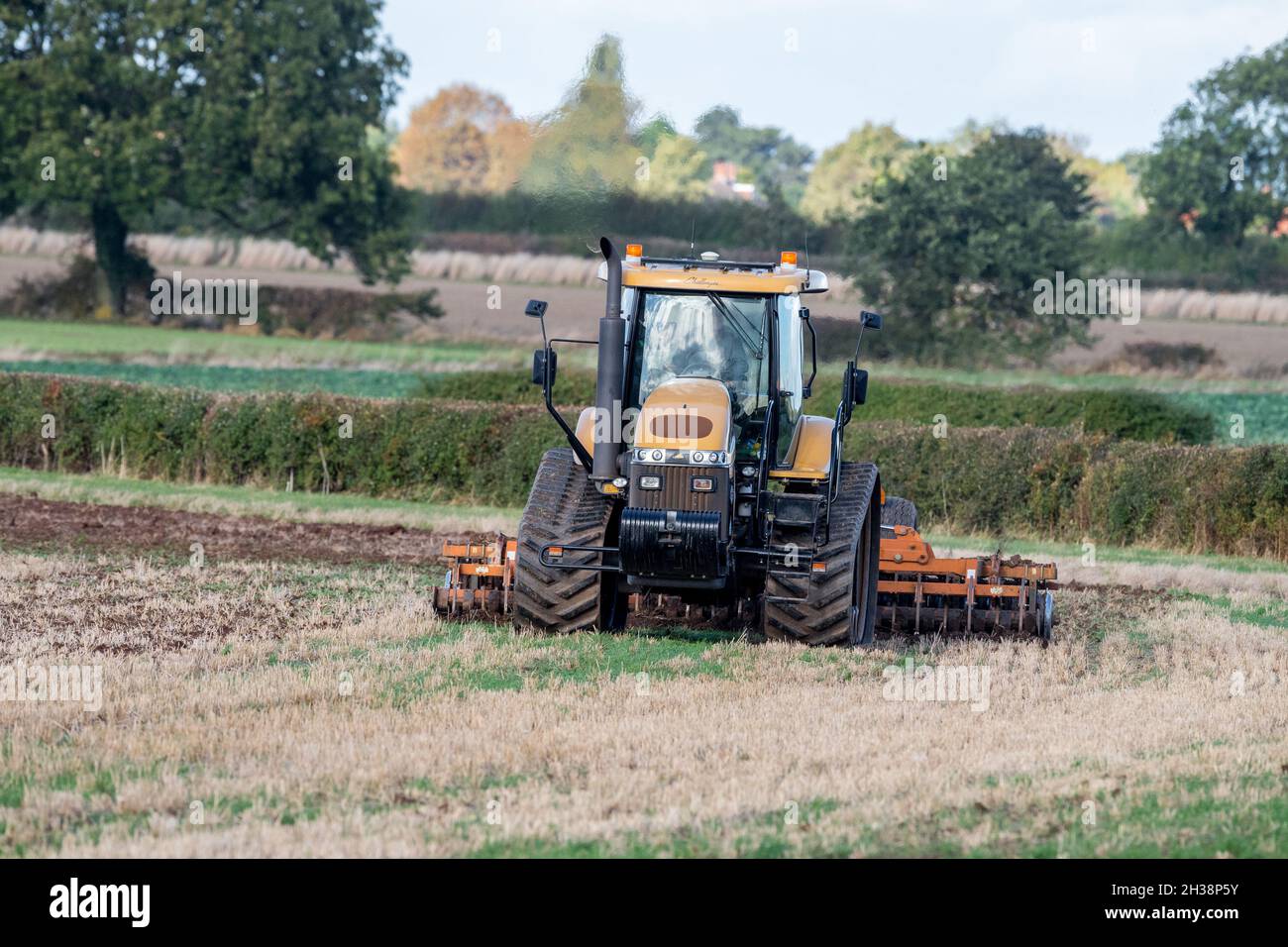 Agricoltore che utilizza un trattore cingolato agricolo Challenger e che traina una pressa per colture da 5,5m su un campo. Foto Stock