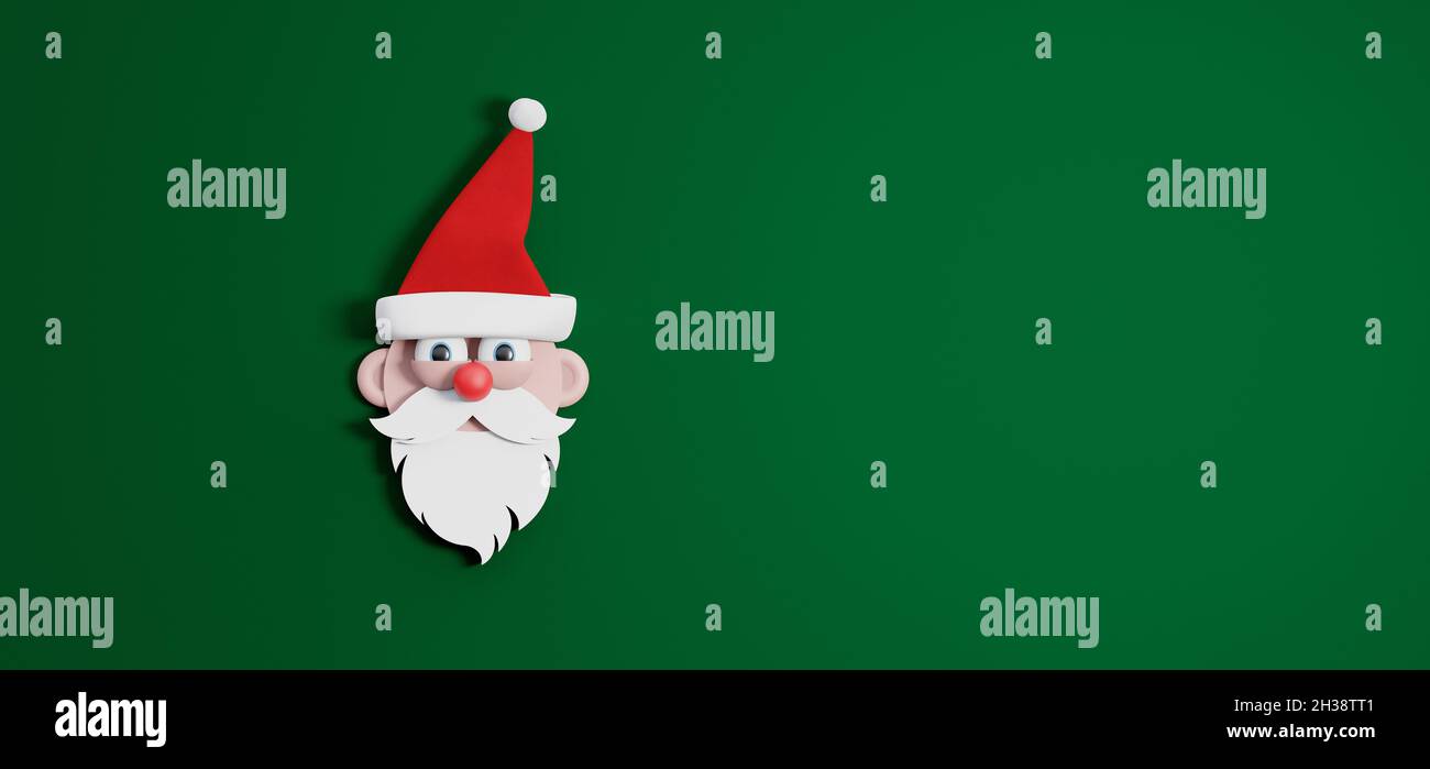 Babbo Natale divertente personaggio 3d con naso rosso. Concetto di Natale su sfondo verde rappresentazione 3d illustrazione Foto Stock