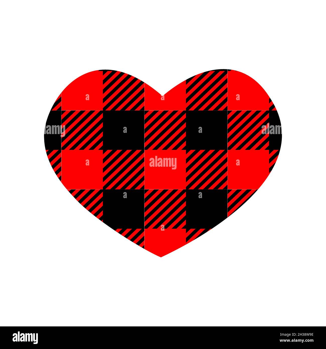 Forma del cuore con motivo di bufalo rosso e nero. Simbolo dell'amore con stampa a scacchi Gingham. Illustrazione piatta vettoriale. Illustrazione Vettoriale