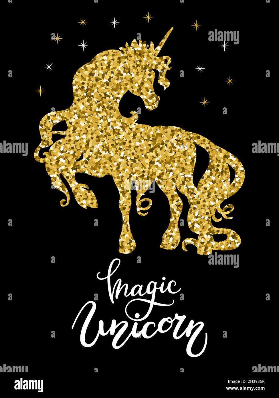 Silhouette di un bellissimo unicorno con lunga mana e racconto, stelle e scritte. Silhouette dorata di unicorno. Illustrazione vettoriale isolata sul retro nero Illustrazione Vettoriale