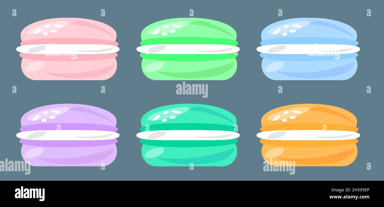 Meringa di amaretti, biscotto, colori pastello colorati, dolci, set di caramelle diverse. Biscotti macaroon isolati su sfondo grigio. Gustoso modello per cucina caffè e menu ristorante. Vettore Illustrazione Vettoriale