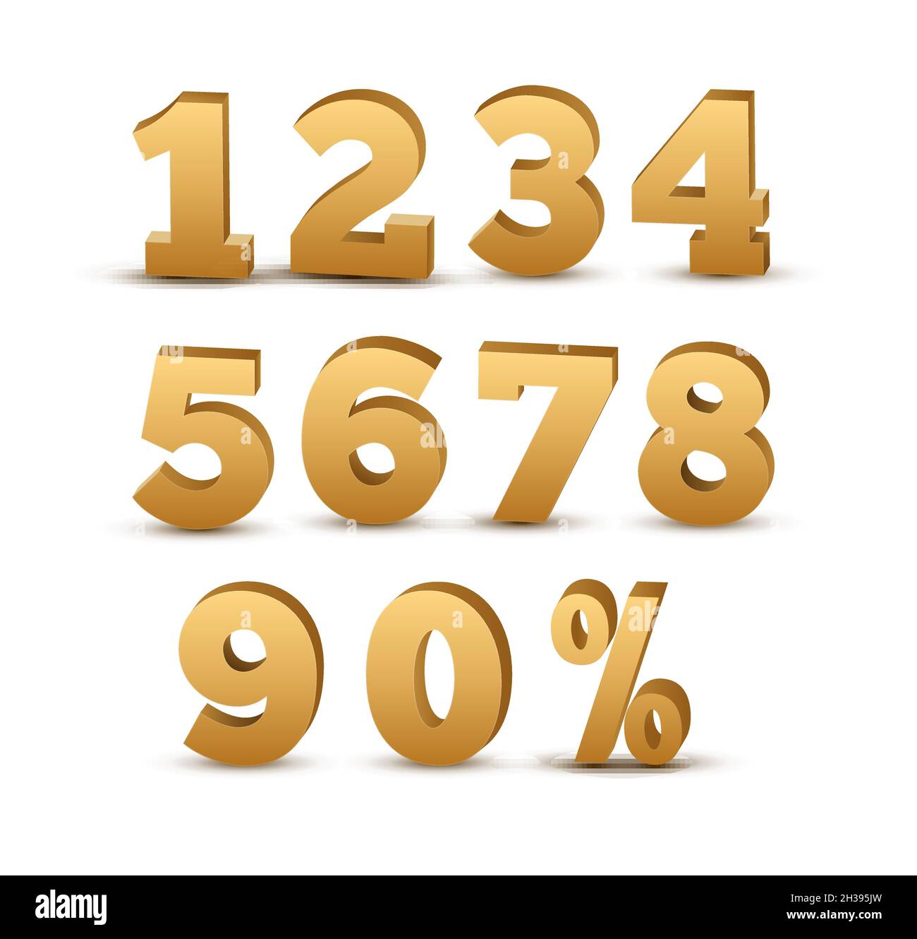 set di numeri dorati 3d. Carattere vettoriale 3d testo oro logo di lusso in metallo alfabeto Illustrazione Vettoriale