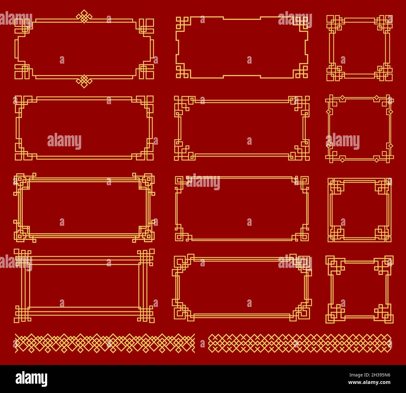 Cornici e confini del nodo asiatico, modelli del nodo coreano, cinese e giapponese, vettore. Cornici, divisori e boarder cinesi dorati su sfondo rosso Illustrazione Vettoriale