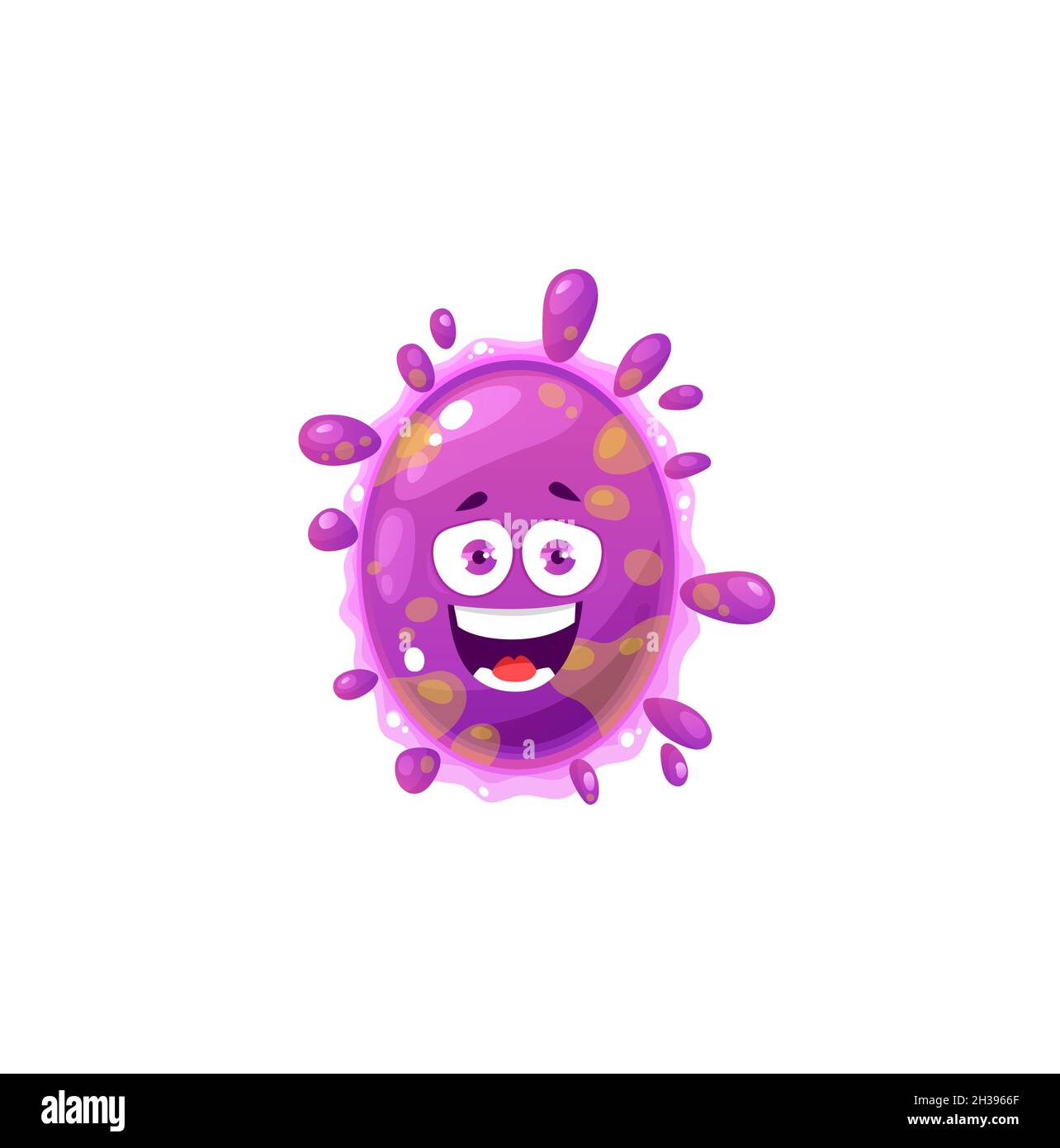 Icona vettore cellulare del virus cartoon, cute batteri viola, felice ridere germe personaggio con faccia divertente e pimples. Microbo patogeno sorridente con occhio grosso Illustrazione Vettoriale